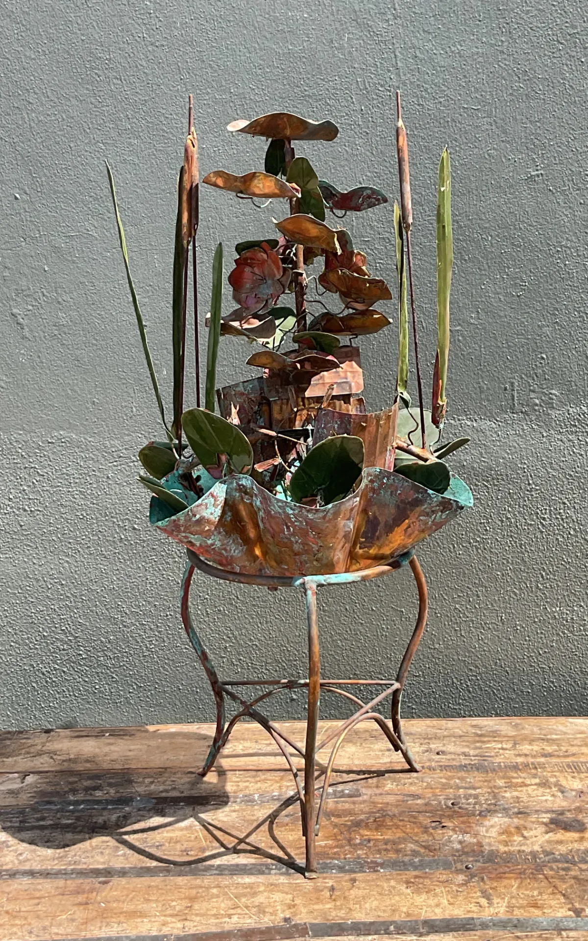 Vintage Patinated Metal Water Fountain Sculpture - Top view