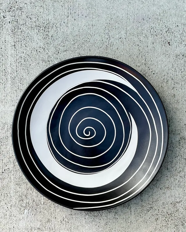 Vintage Monumental Black and White Spiral Ceramic Plate — additional photo 1