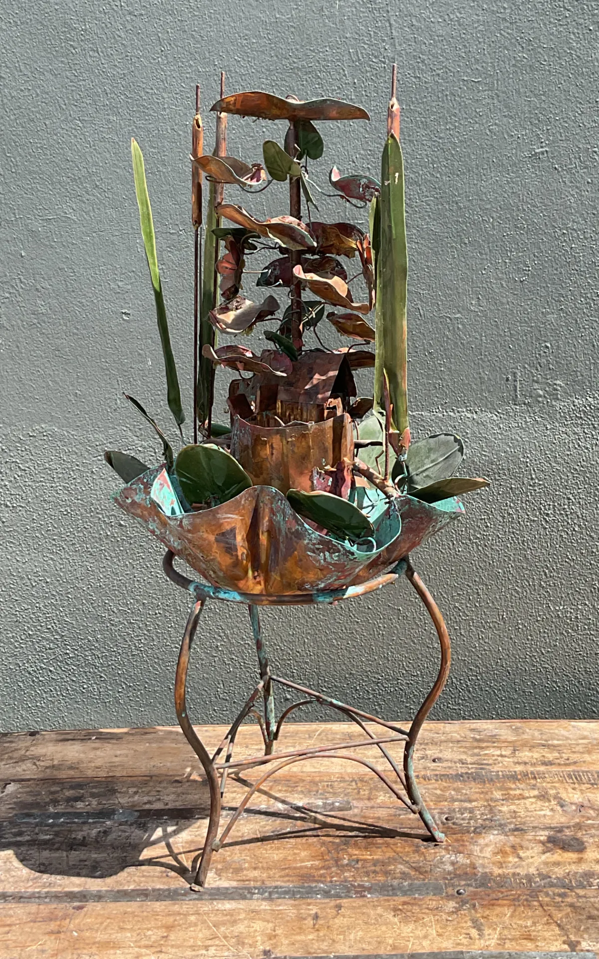 Vintage Patinated Metal Water Fountain Sculpture - Side view