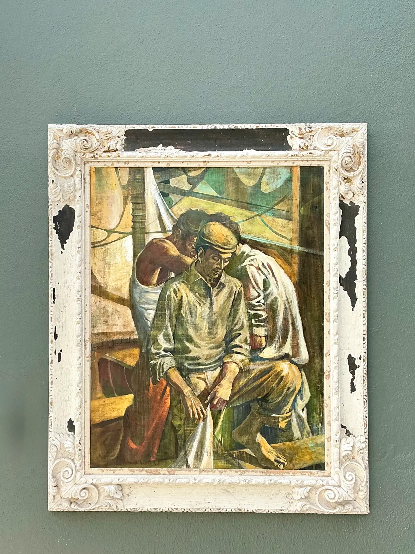 Vintage Canvas Painting of Men at Work — additional photo 2