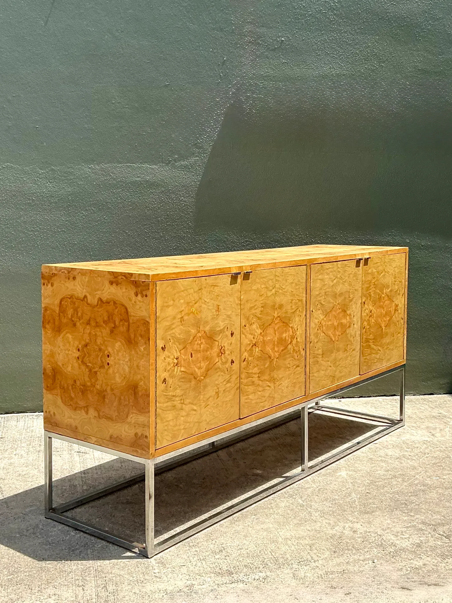 Vintage Bernhardt “Flair” Burl Wood Credenza on Chrome Base — additional photo 1
