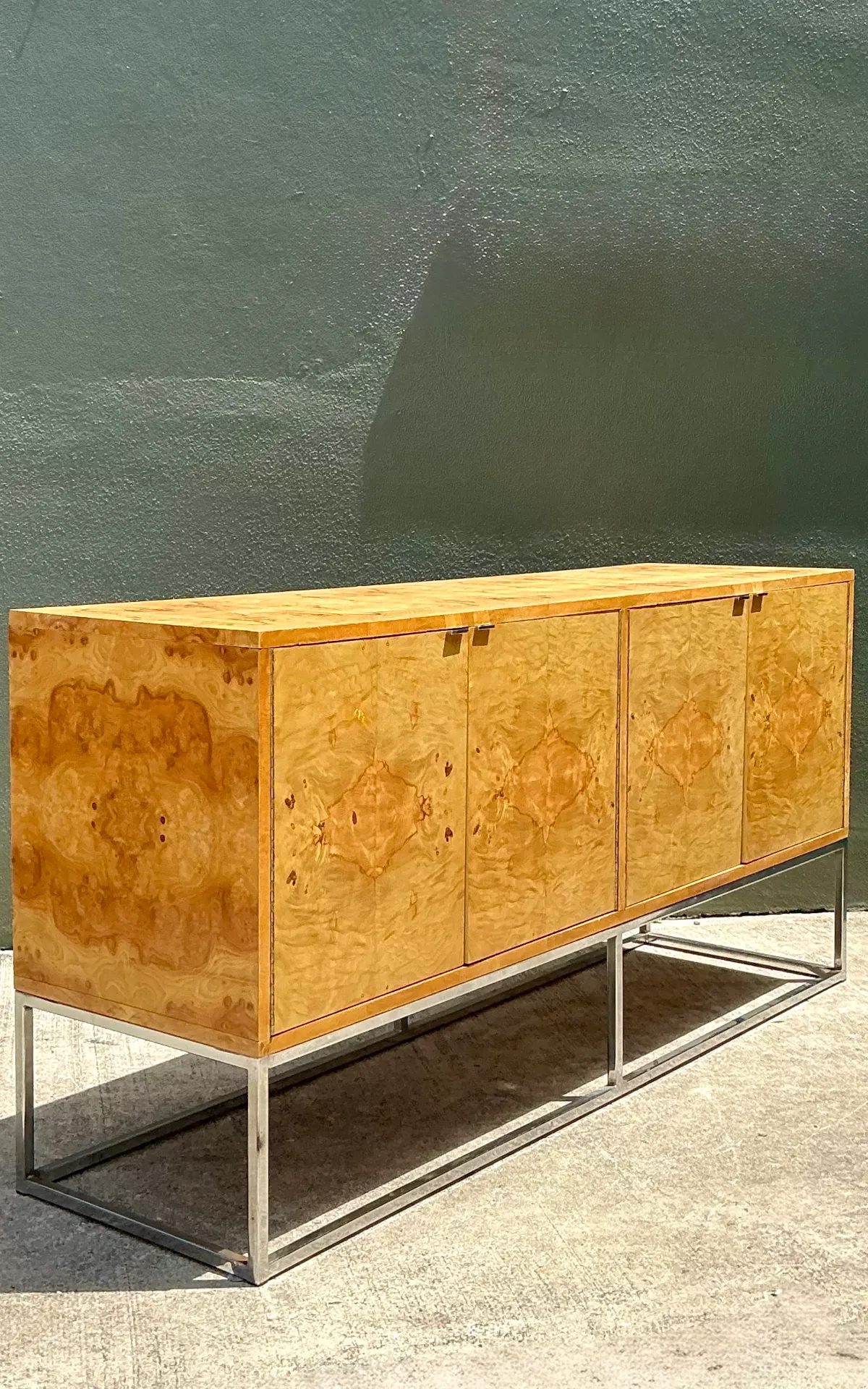 Vintage Bernhardt “Flair” Burl Wood Credenza on Chrome Base — additional photo 1