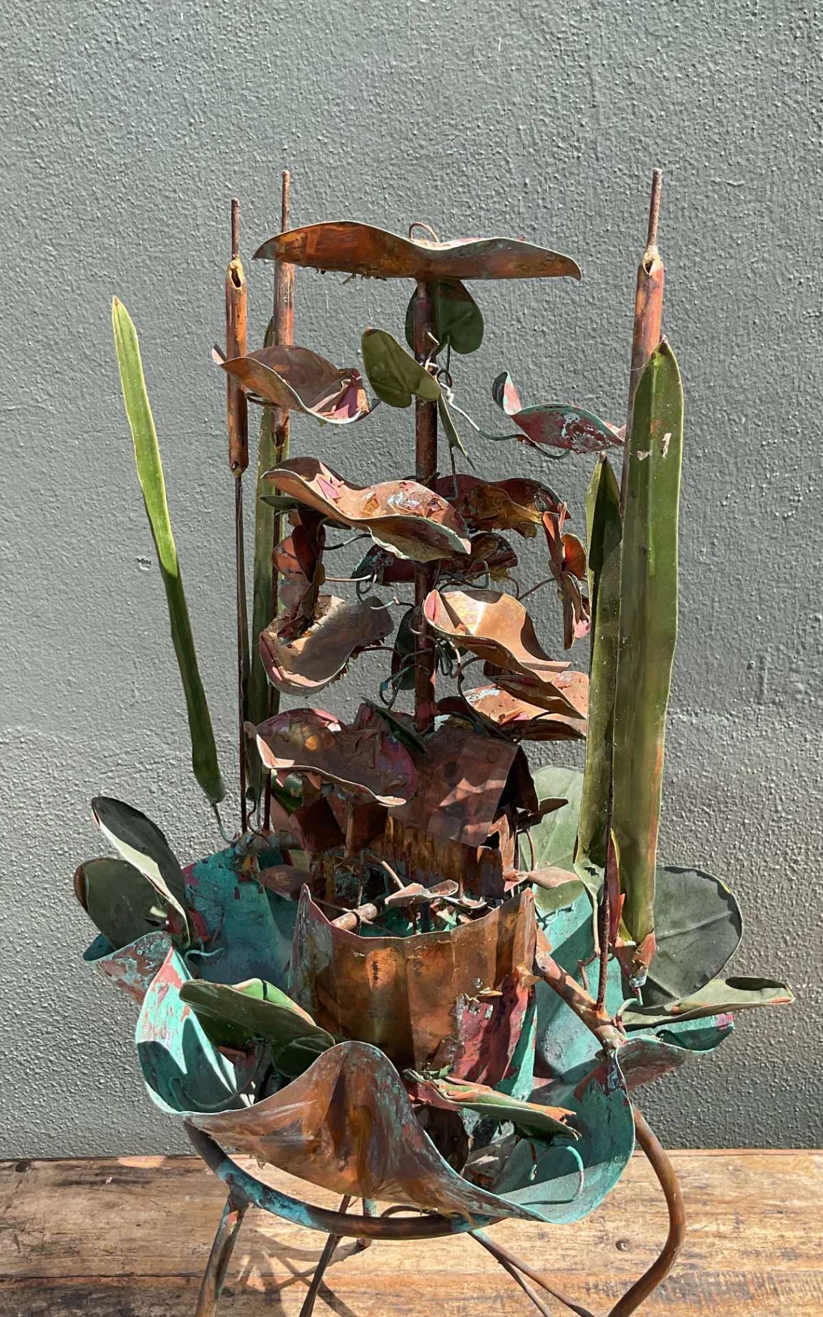 Vintage Patinated Metal Water Fountain Sculpture - Angle view