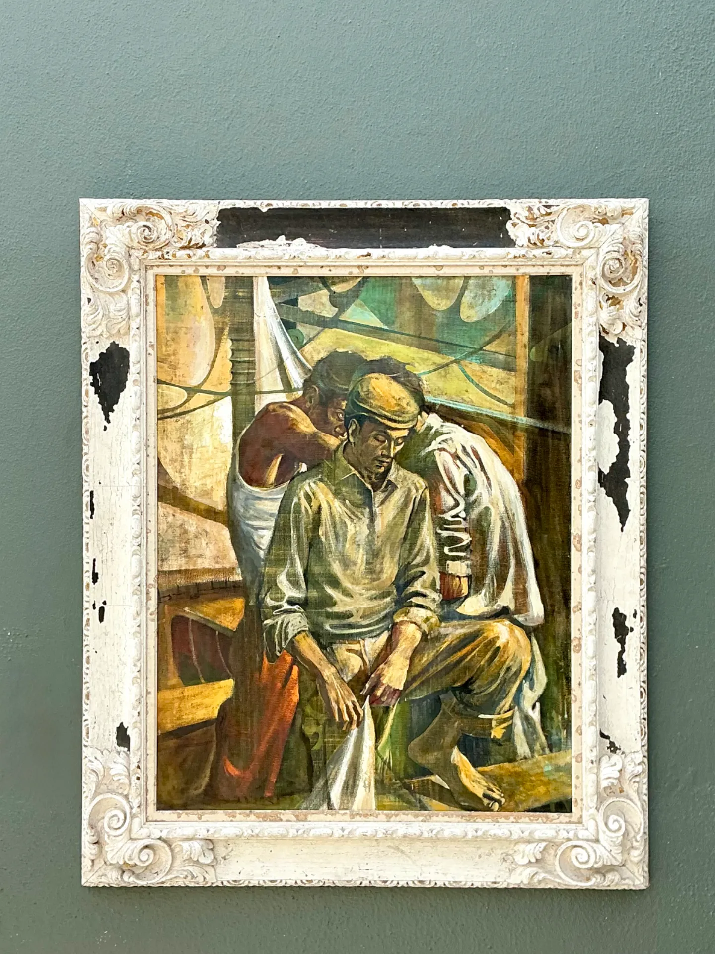 Vintage Canvas Painting of Men at Work — additional photo 6