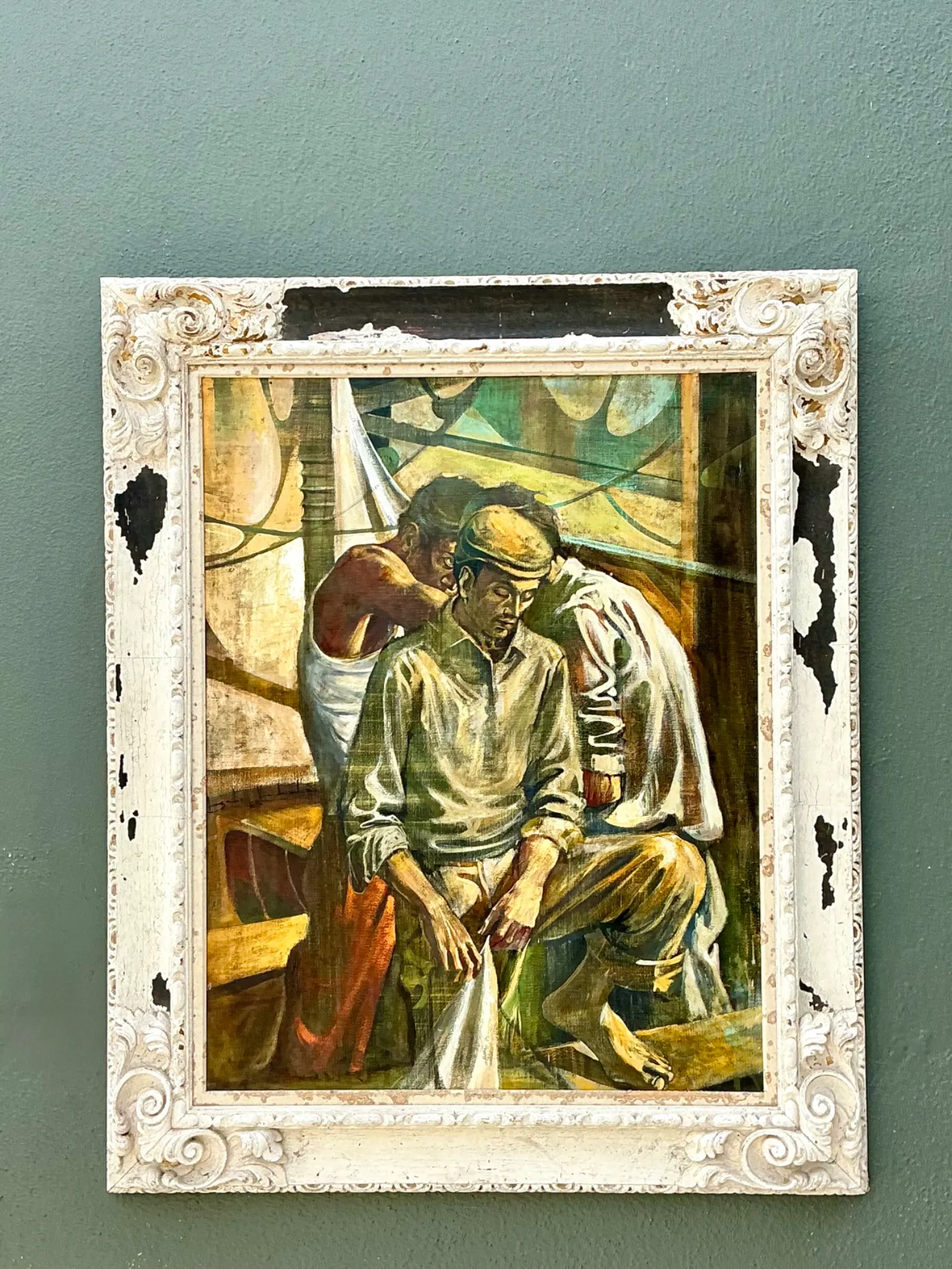 Vintage Canvas Painting of Men at Work — additional photo 7