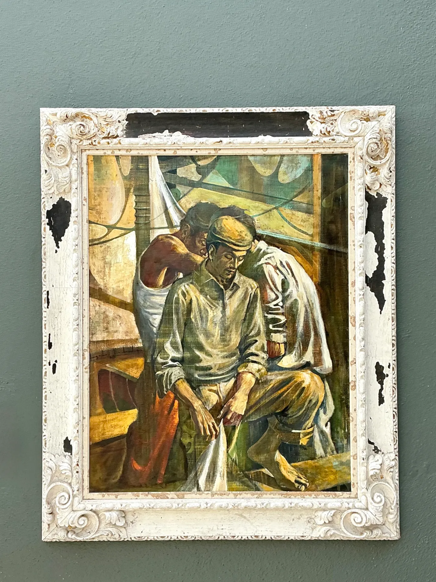 Vintage Canvas Painting of Men at Work — additional photo 1