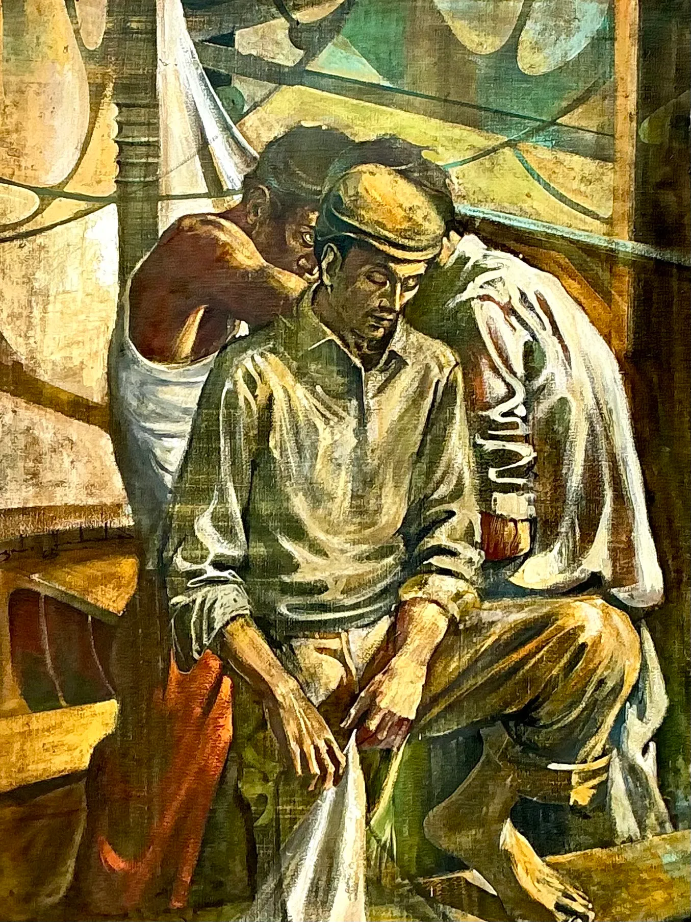 Vintage Canvas Painting of Men at Work — additional photo 3