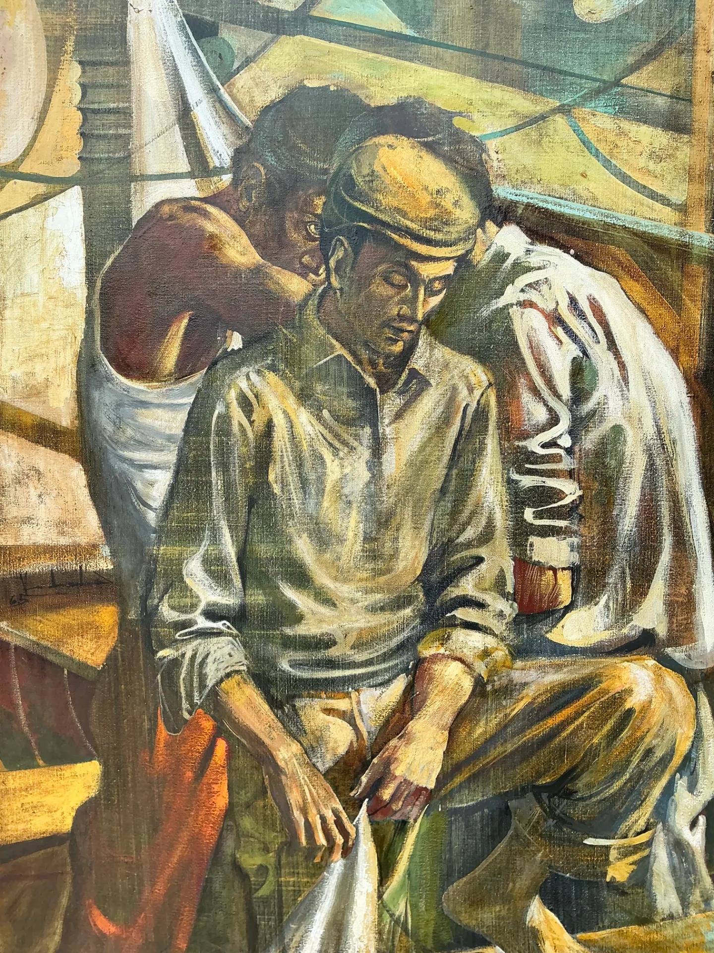 Vintage Canvas Painting of Men at Work — additional photo 4