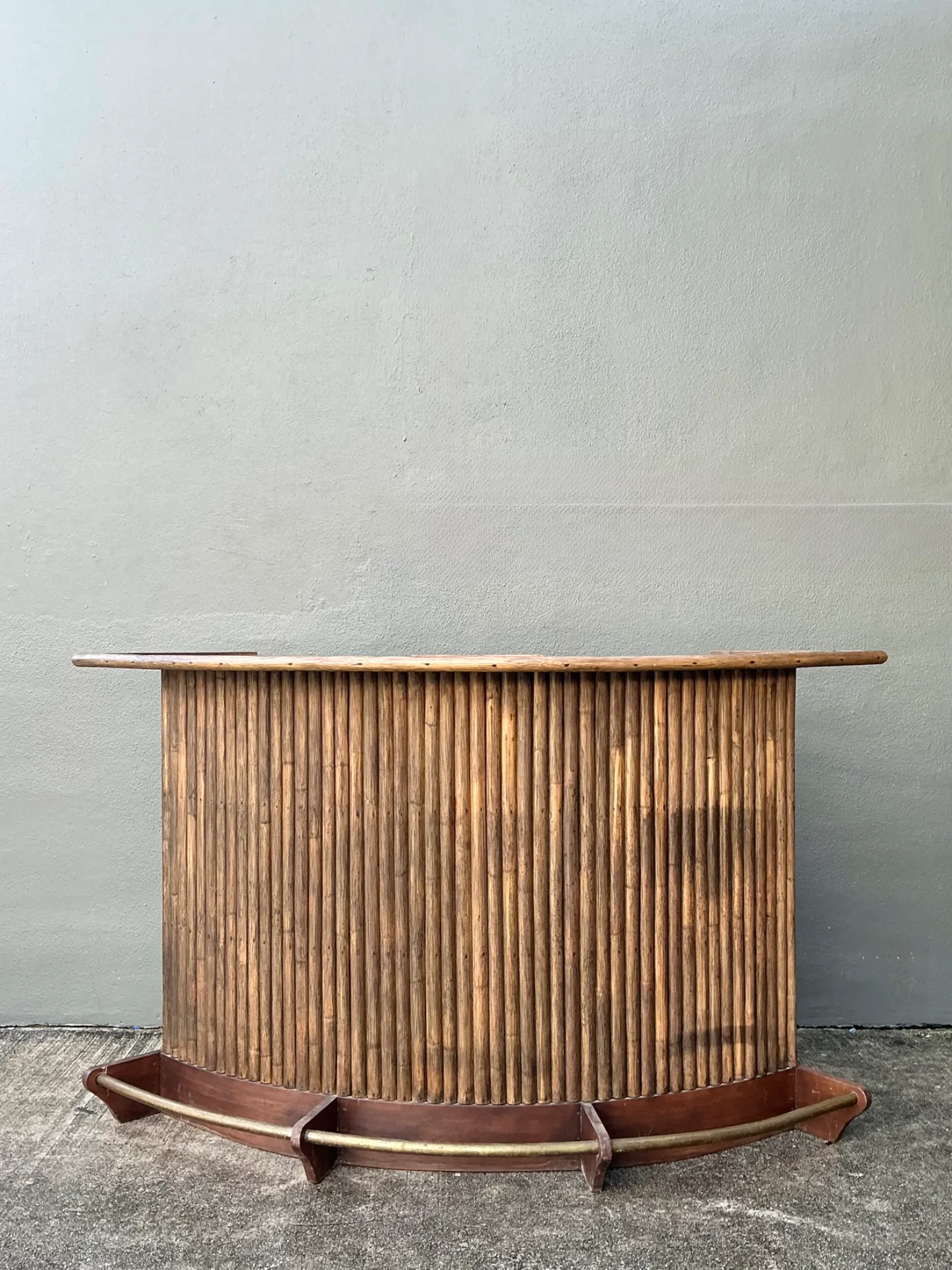 Vintage Curved Bamboo Bar with Brass Footrail — additional photo 2