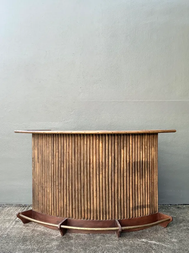 Vintage Curved Bamboo Bar with Brass Footrail — additional photo 2