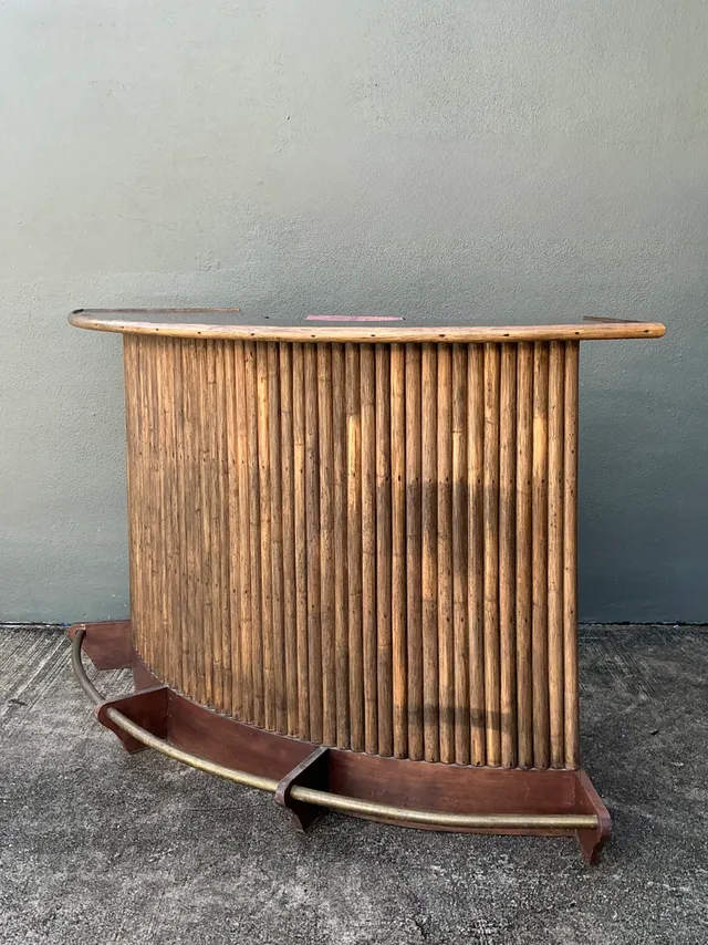 Vintage Curved Bamboo Bar with Brass Footrail — additional photo 7