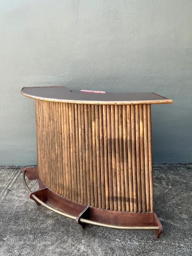 Vintage Curved Bamboo Bar with Brass Footrail — additional photo 8