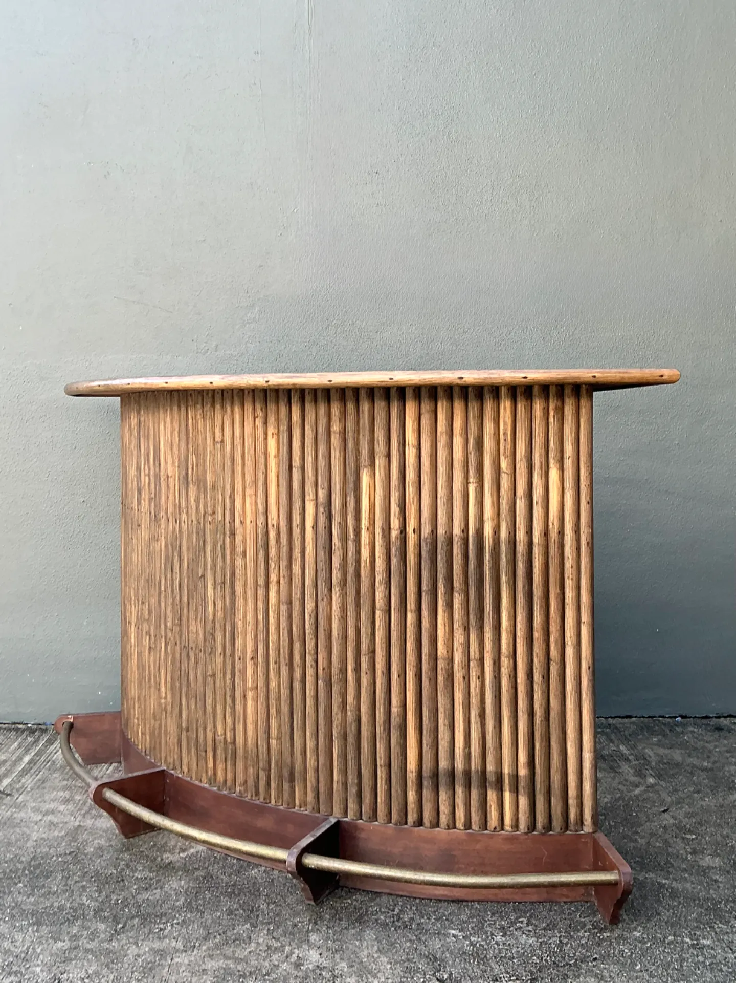 Vintage Curved Bamboo Bar with Brass Footrail — additional photo 1
