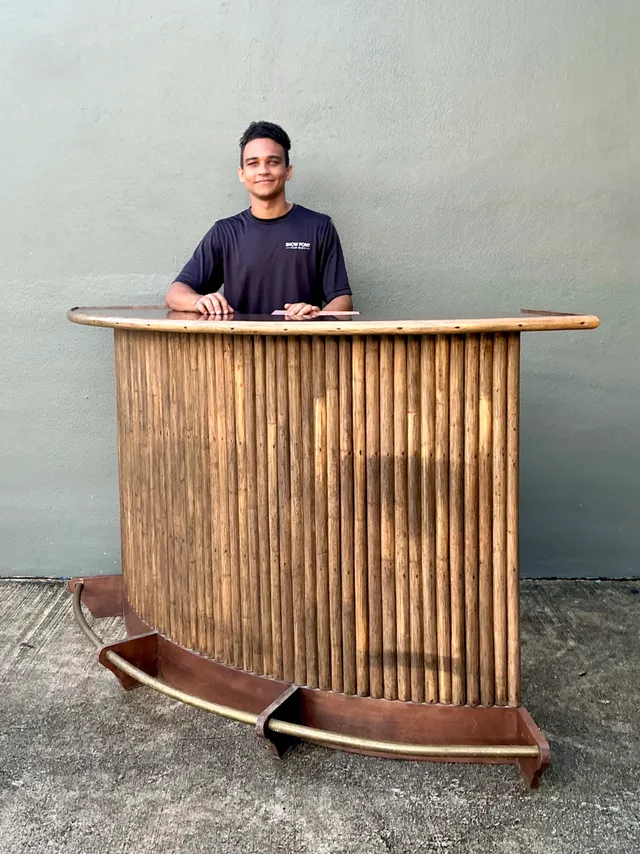 Vintage Curved Bamboo Bar with Brass Footrail — additional photo 3