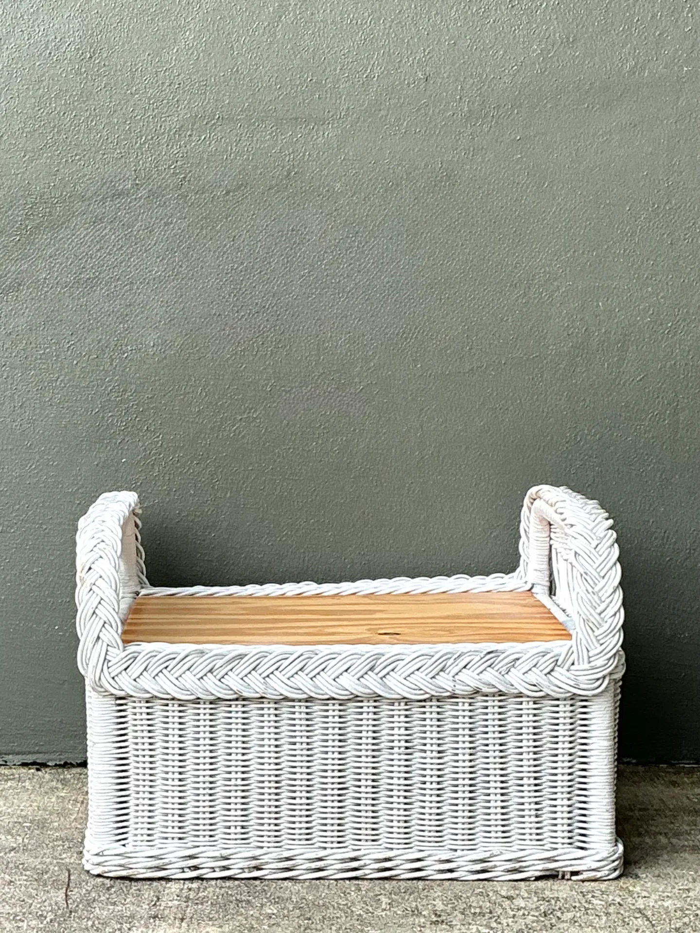 Vintage Braided White Rattan Ottoman — additional photo 1