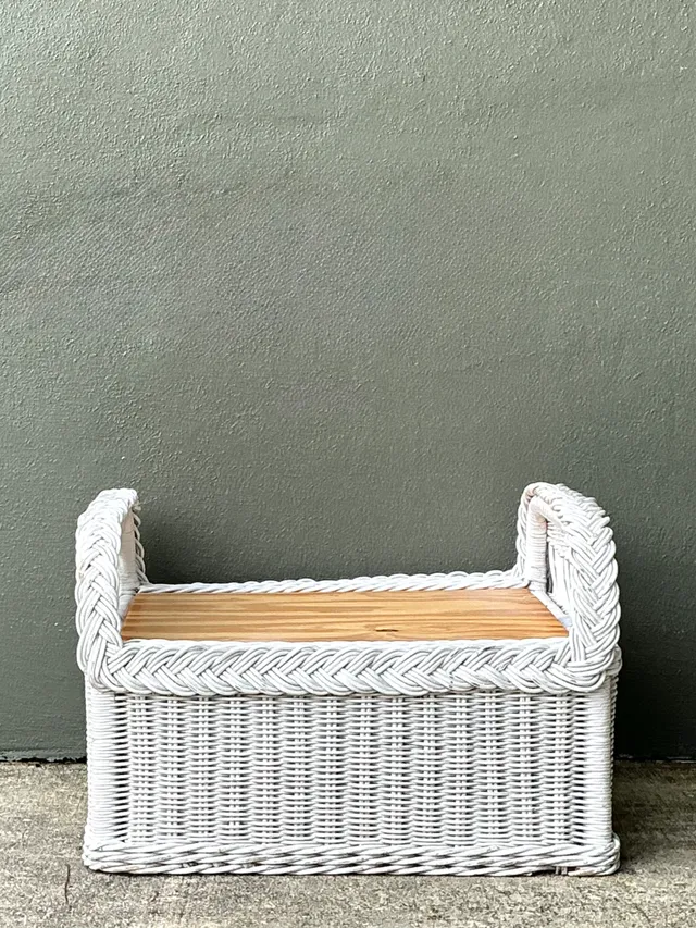Vintage Braided White Rattan Ottoman — additional photo 1