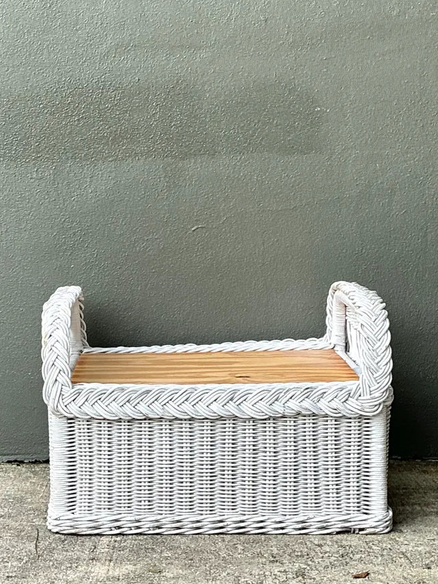 Vintage Braided White Rattan Ottoman — additional photo 2