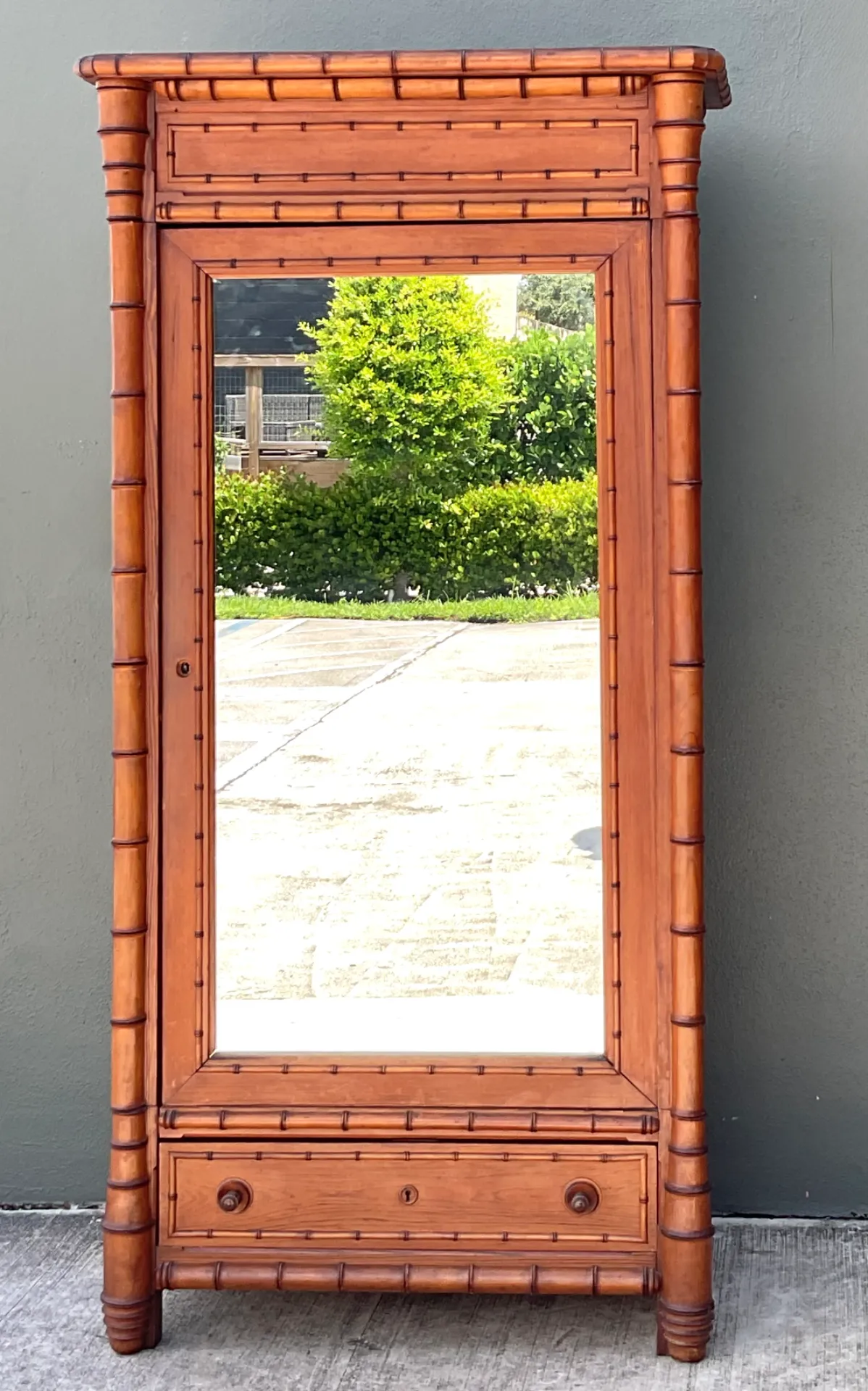 Vintage Faux Bamboo Armoire with Mirror — additional photo 1