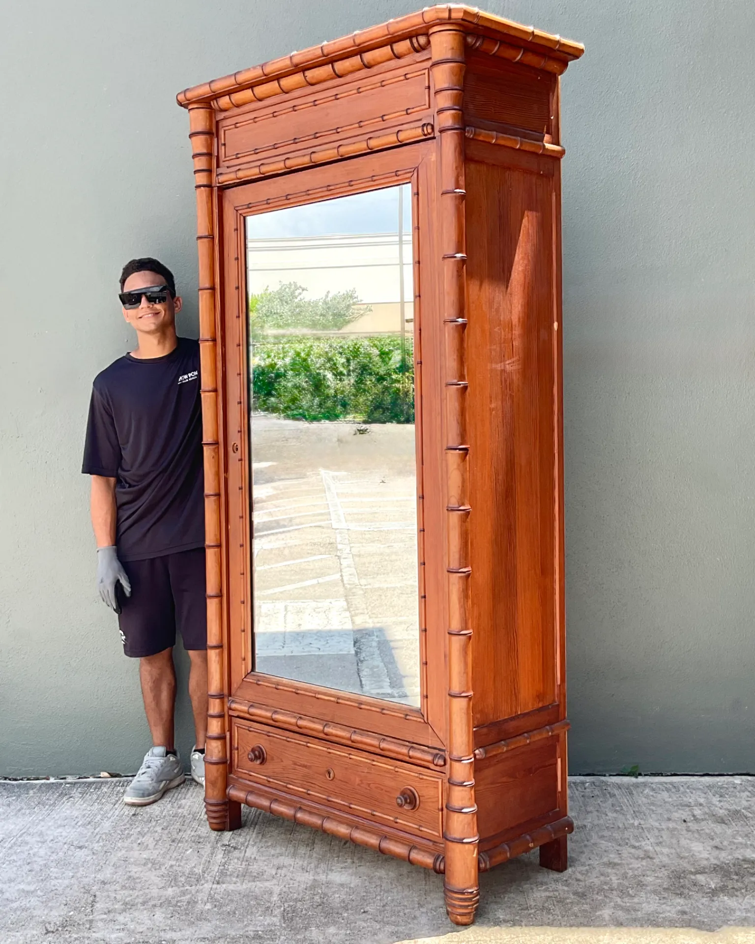 Vintage Faux Bamboo Armoire with Mirror — additional photo 2
