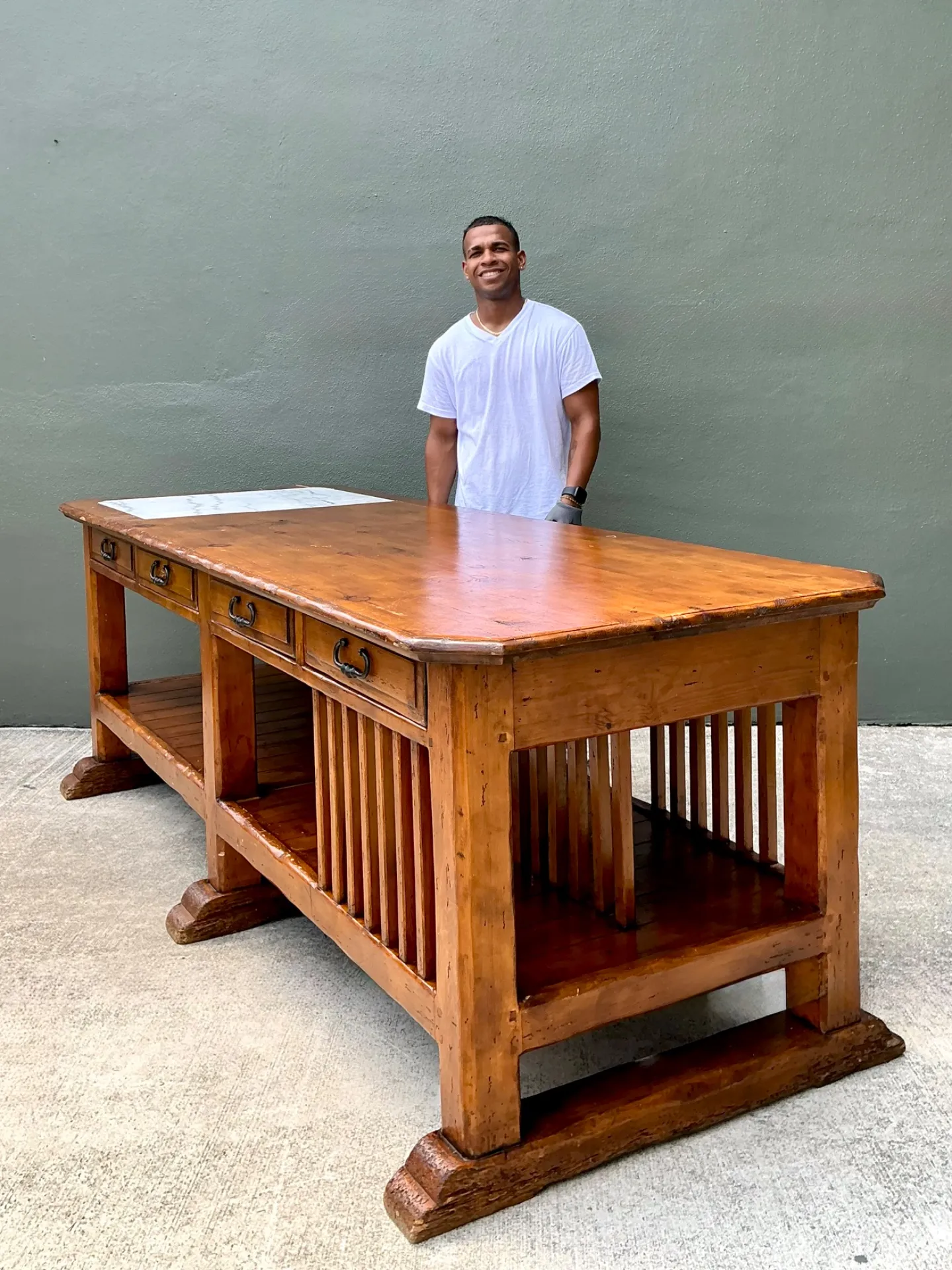 Vintage Monumental Rustic Wood and Marble Console Table — additional photo 8