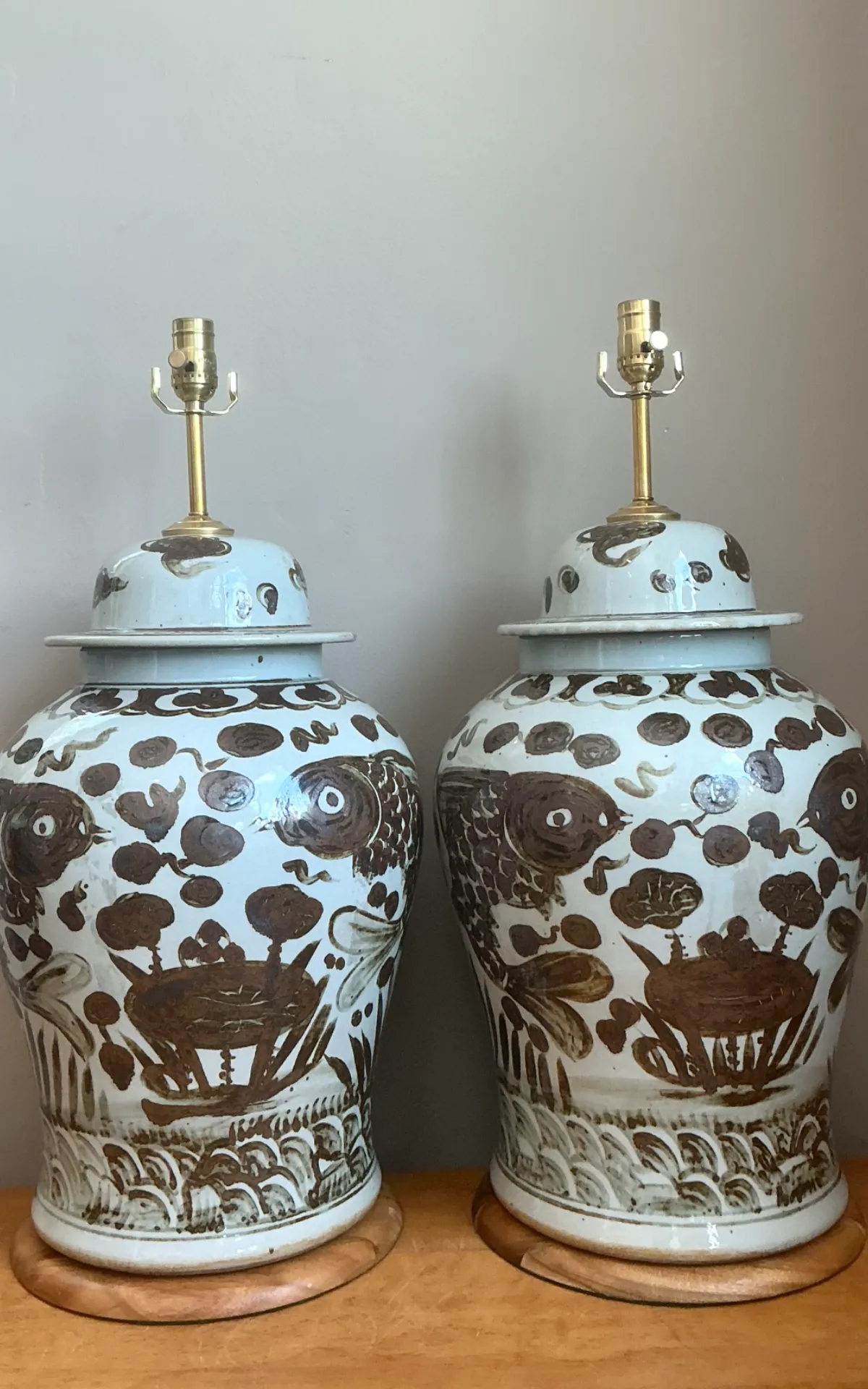 Vintage Hand-Painted Ceramic Ginger Jar Lamps - Pair — additional photo 8