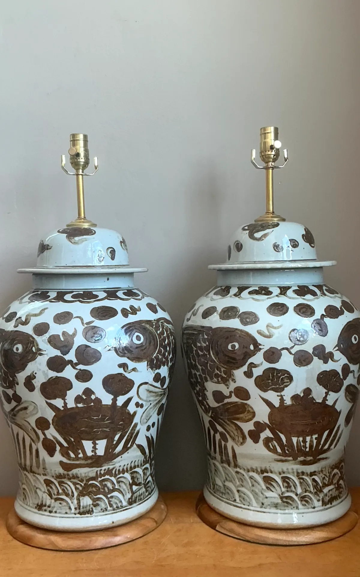 Vintage Hand-Painted Ceramic Ginger Jar Lamps - Pair — additional photo 7