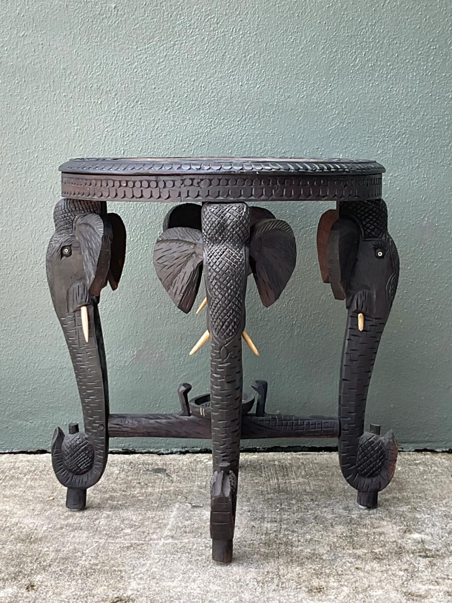 Vintage Carved Wood Elephant Inlay Side Table — additional photo 2