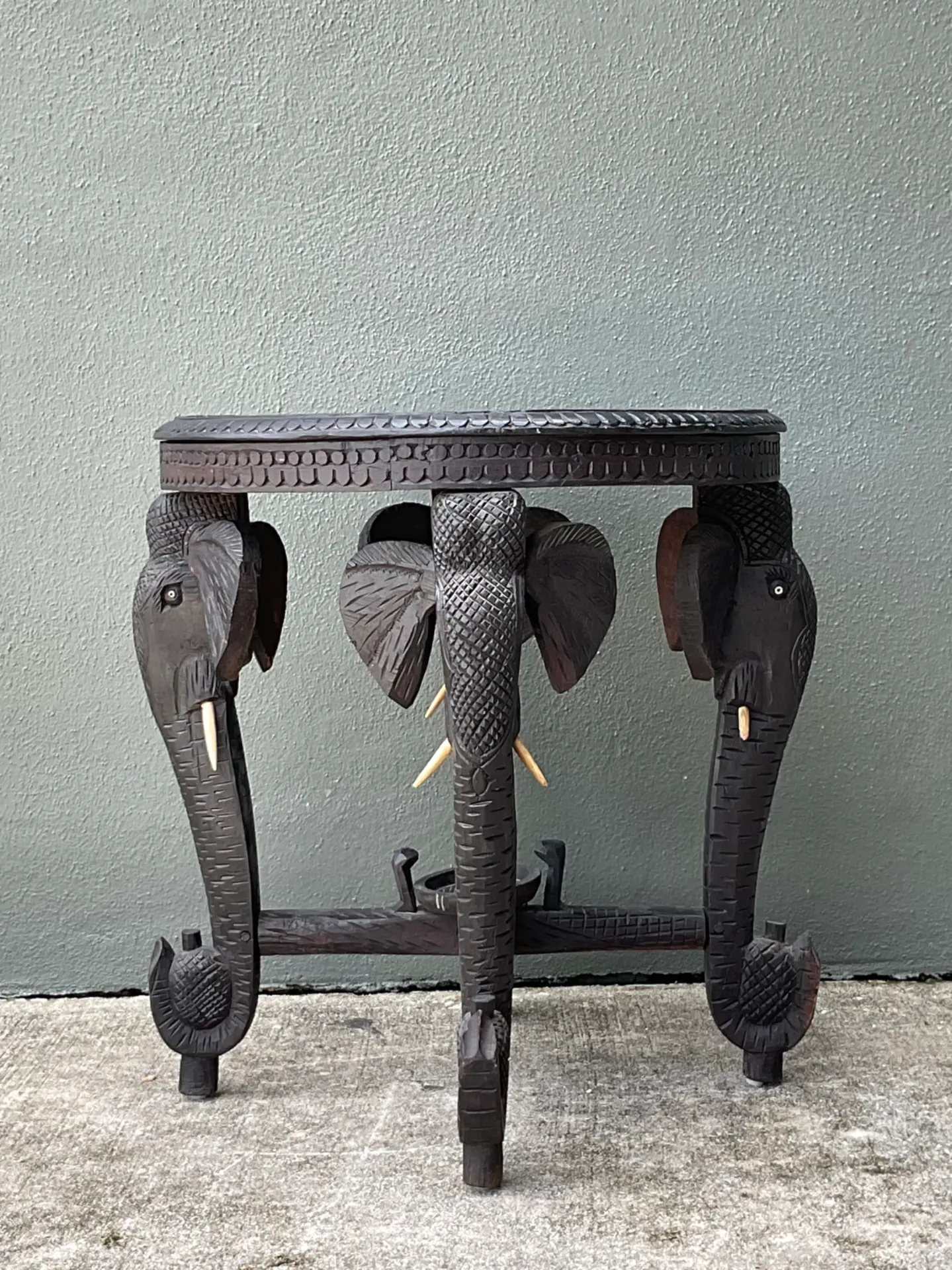 Vintage Carved Wood Elephant Inlay Side Table — additional photo 6