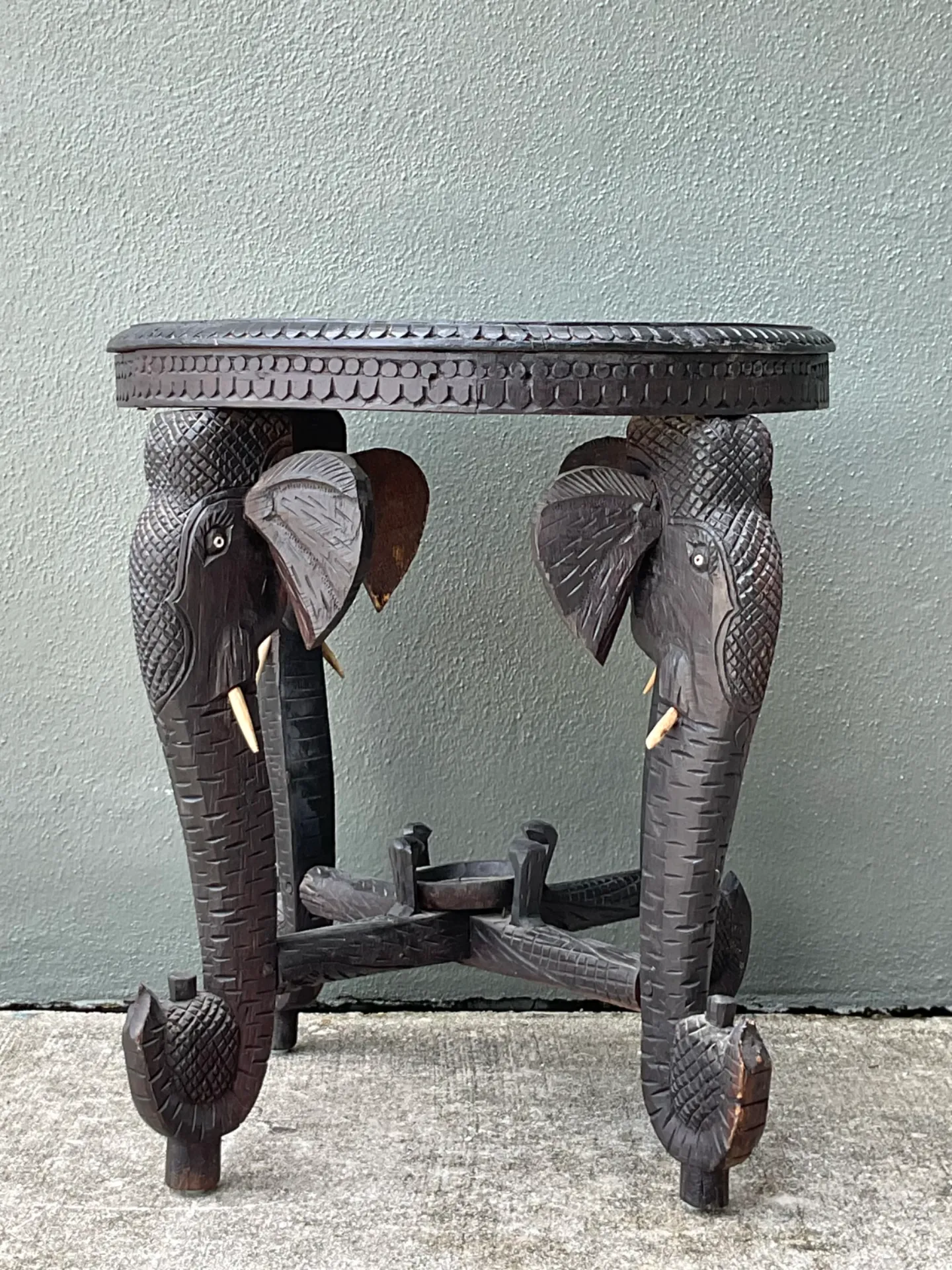 Vintage Carved Wood Elephant Inlay Side Table — additional photo 1