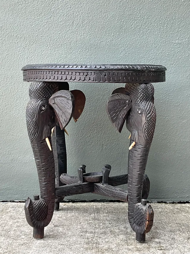 Vintage Carved Wood Elephant Inlay Side Table — additional photo 1