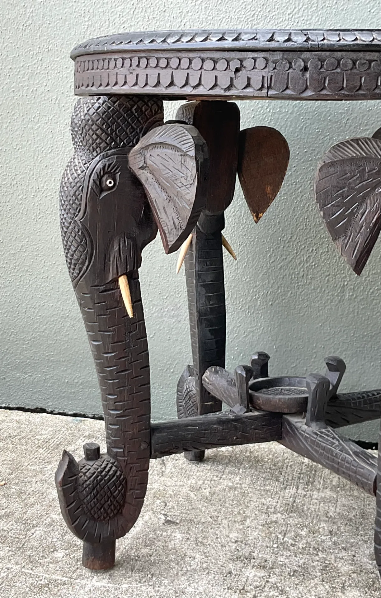 Vintage Carved Wood Elephant Inlay Side Table — additional photo 5
