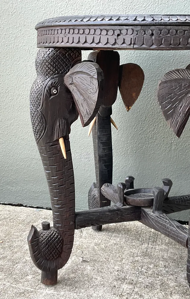 Vintage Carved Wood Elephant Inlay Side Table — additional photo 5