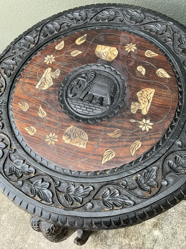 Vintage Carved Wood Elephant Inlay Side Table — additional photo 7