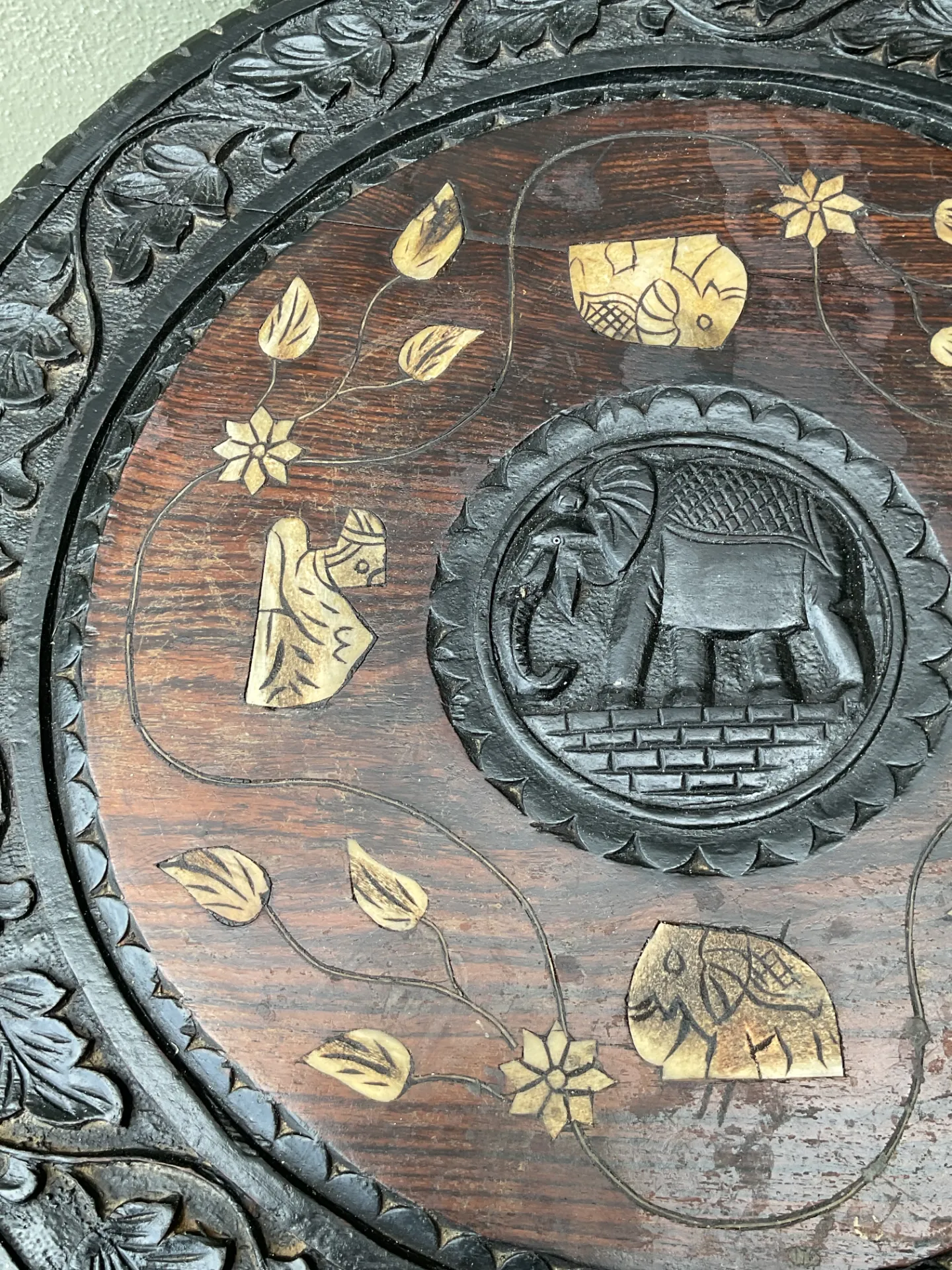 Vintage Carved Wood Elephant Inlay Side Table — additional photo 8