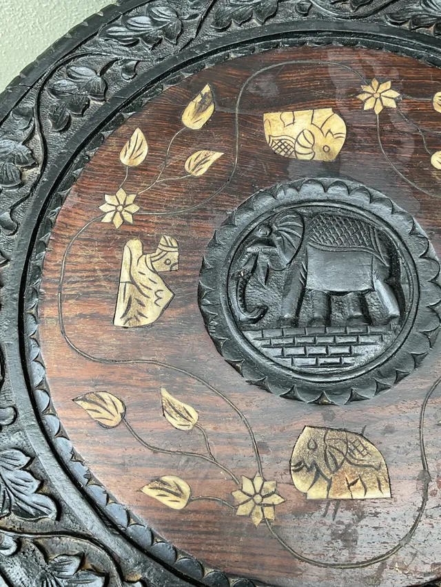 Vintage Carved Wood Elephant Inlay Side Table — additional photo 8