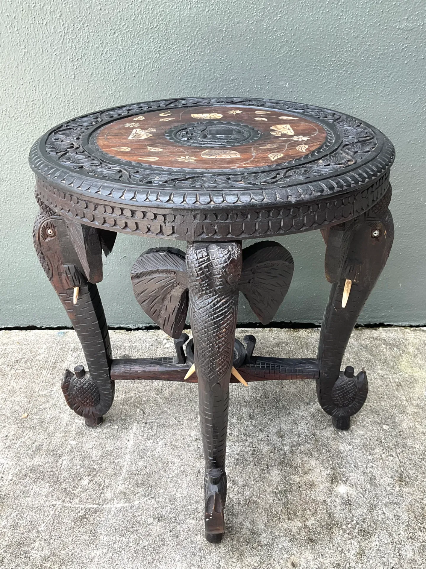 Vintage Carved Wood Elephant Inlay Side Table — additional photo 3