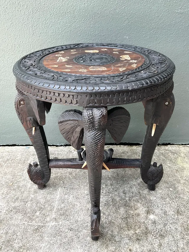 Vintage Carved Wood Elephant Inlay Side Table — additional photo 3