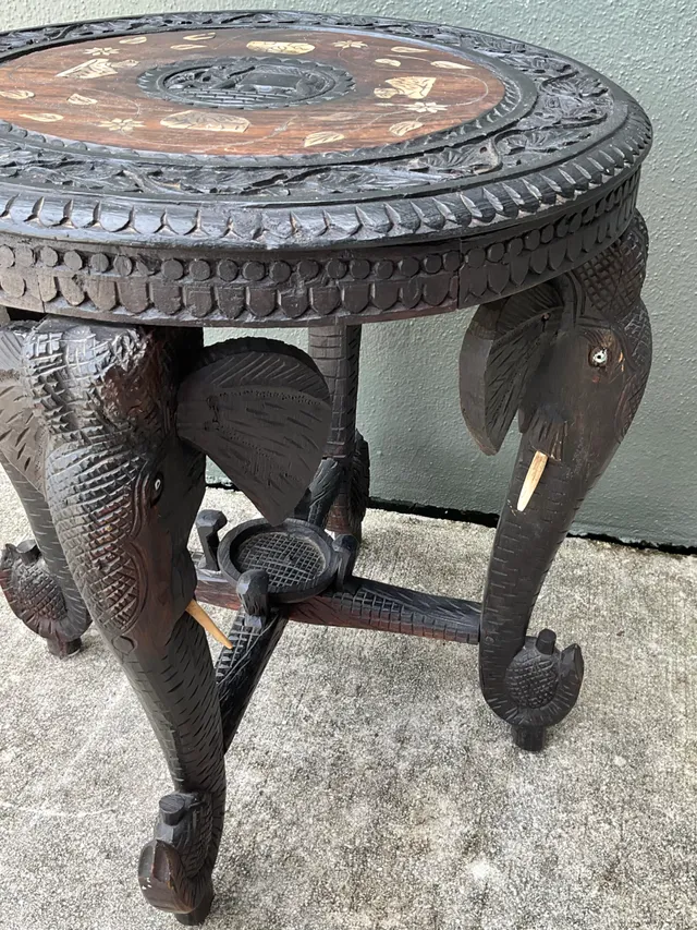 Vintage Carved Wood Elephant Inlay Side Table — additional photo 4