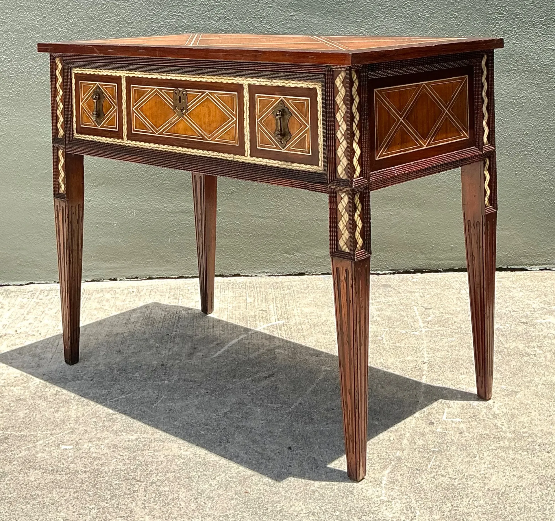 Vintage Alphonse Marina Carved Wood Console Table with Bone Inlay — additional photo 1