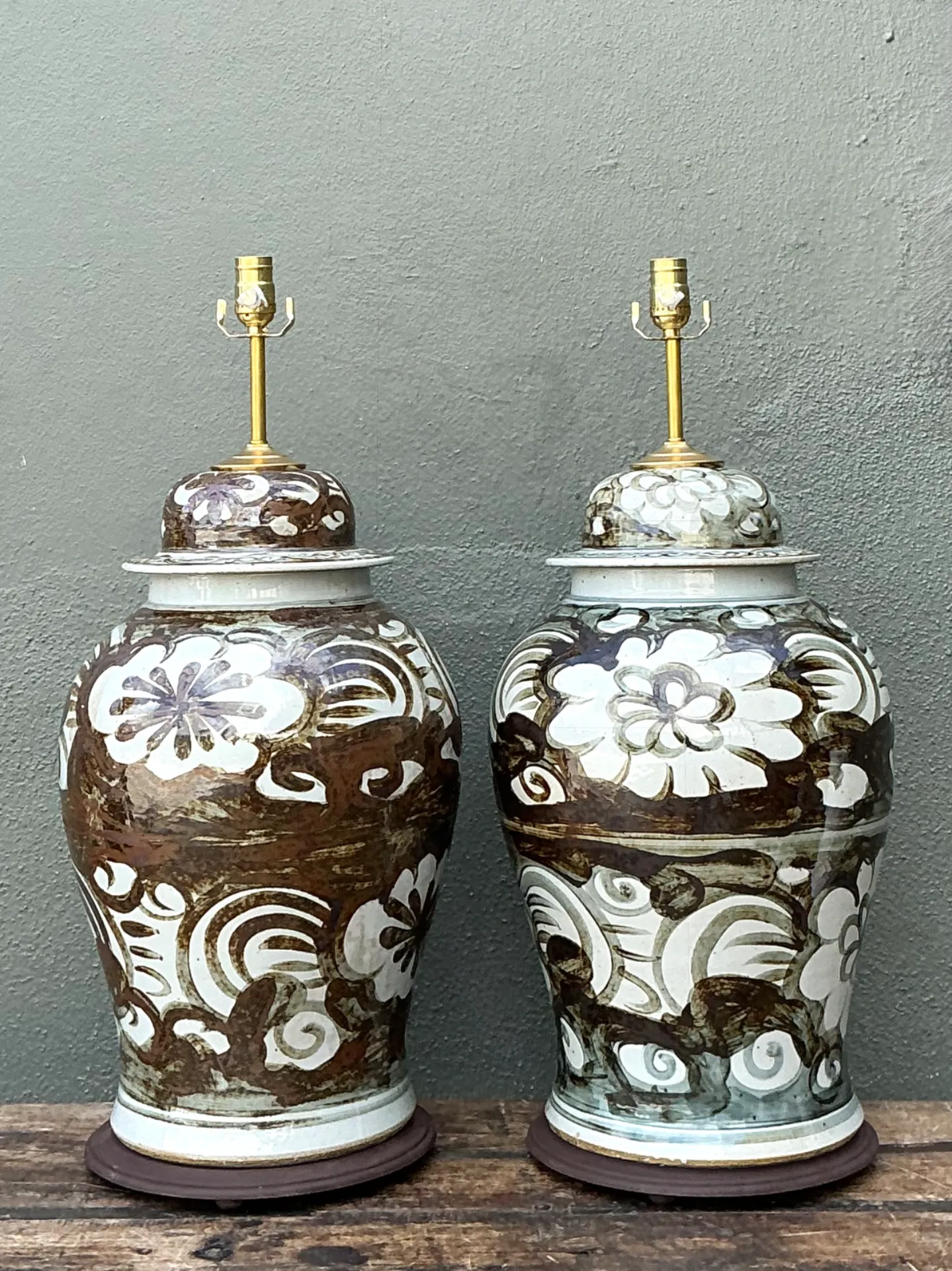 Vintage Monumental Hand-Painted Ceramic Ginger Jar Lamps - Pair — additional photo 2