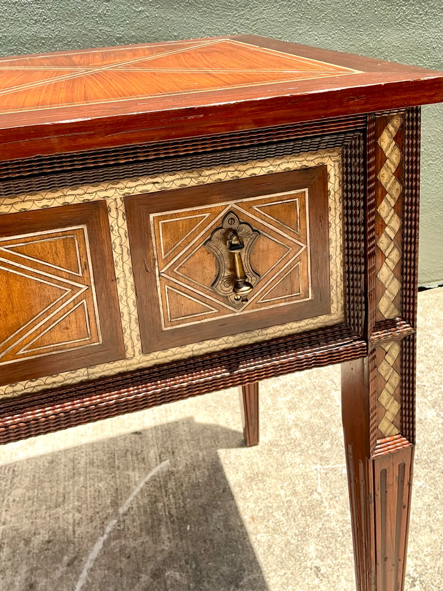 Vintage Alphonse Marina Carved Wood Console Table with Bone Inlay — additional photo 4