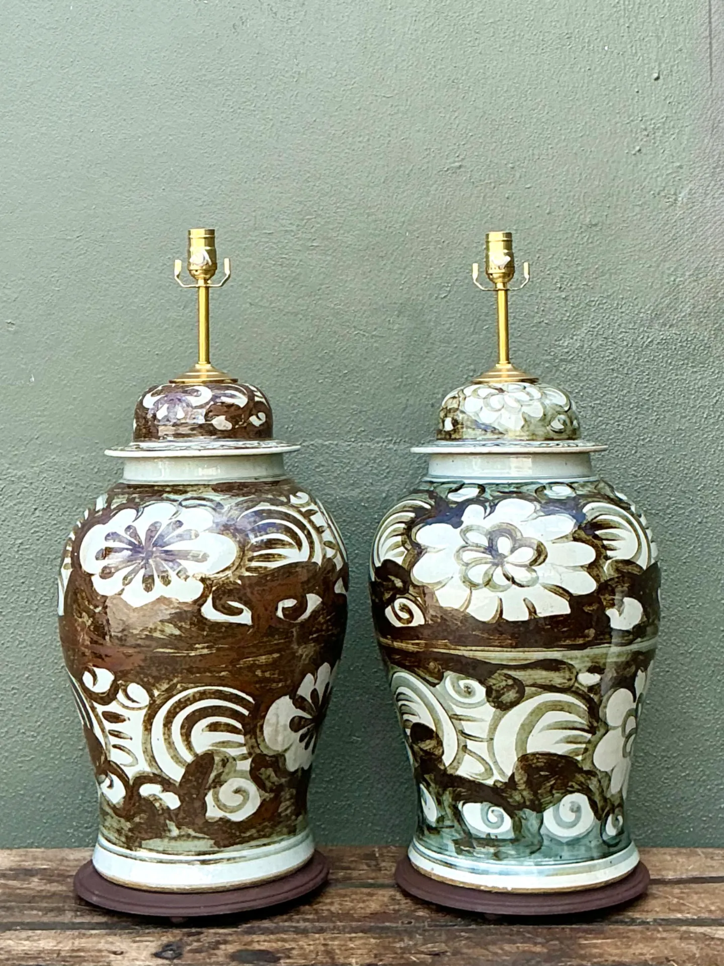Vintage Monumental Hand-Painted Ceramic Ginger Jar Lamps - Pair — additional photo 7