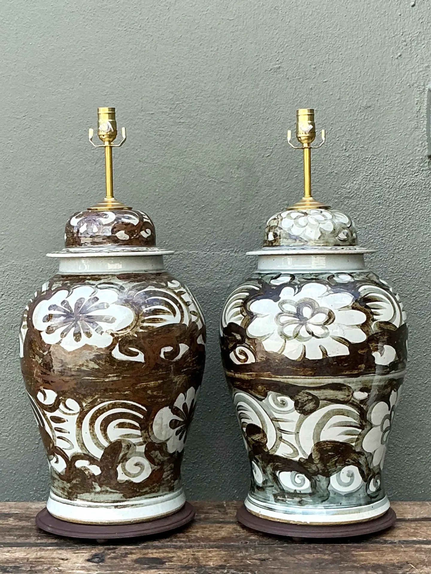 Vintage Monumental Hand-Painted Ceramic Ginger Jar Lamps - Pair — additional photo 8