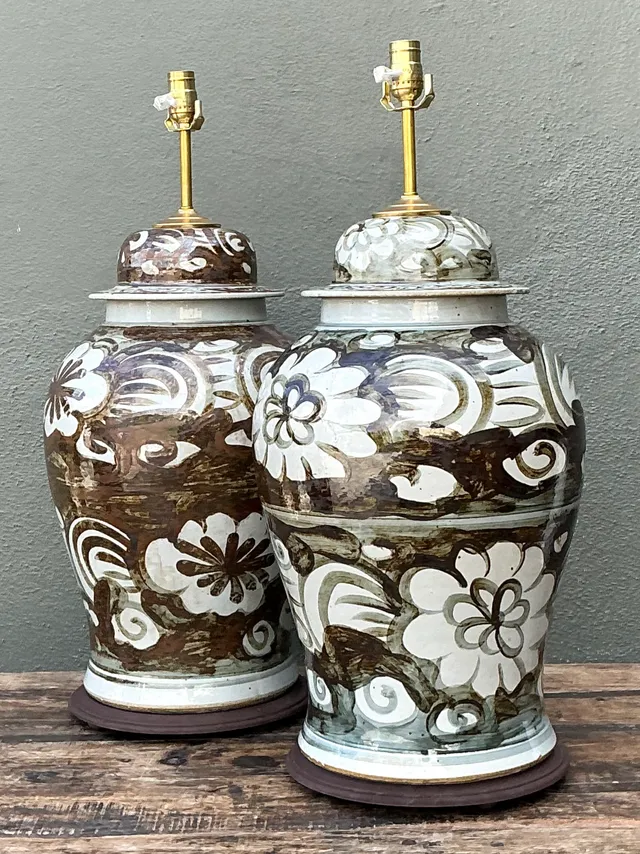 Vintage Monumental Hand-Painted Ceramic Ginger Jar Lamps - Pair — additional photo 5