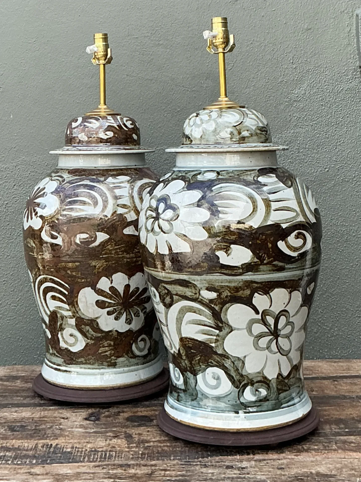 Vintage Monumental Hand-Painted Ceramic Ginger Jar Lamps - Pair — additional photo 1