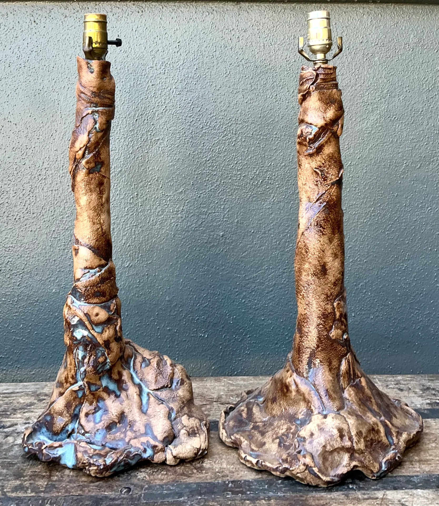 Vintage Hand Made Faux Bois Ceramic Lamps - A Pair — additional photo 3
