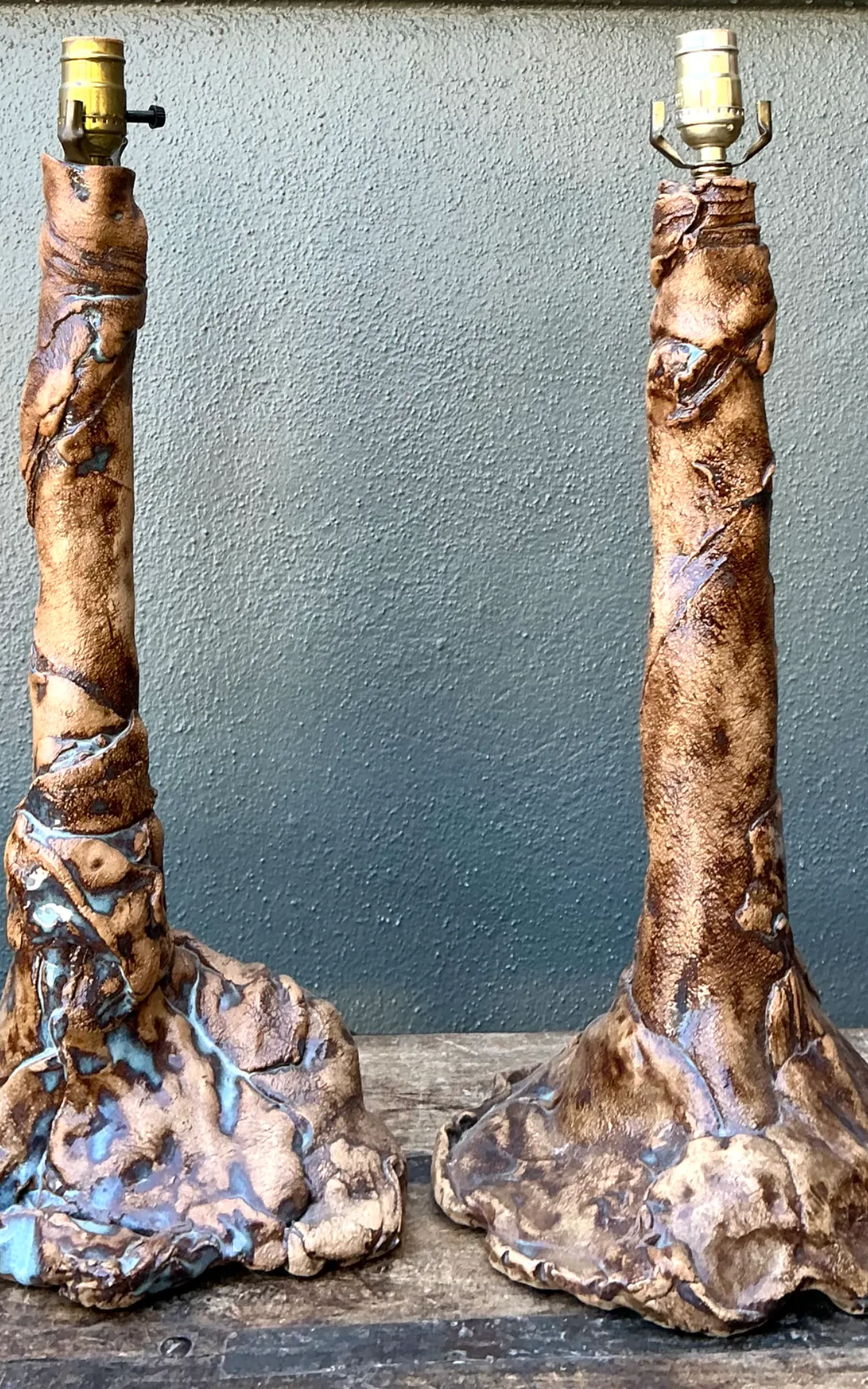 Vintage Hand Made Faux Bois Ceramic Lamps - A Pair — additional photo 3