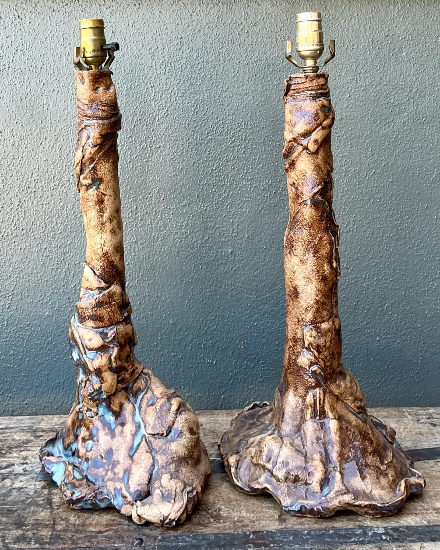 Vintage Hand Made Faux Bois Ceramic Lamps - A Pair — additional photo 6