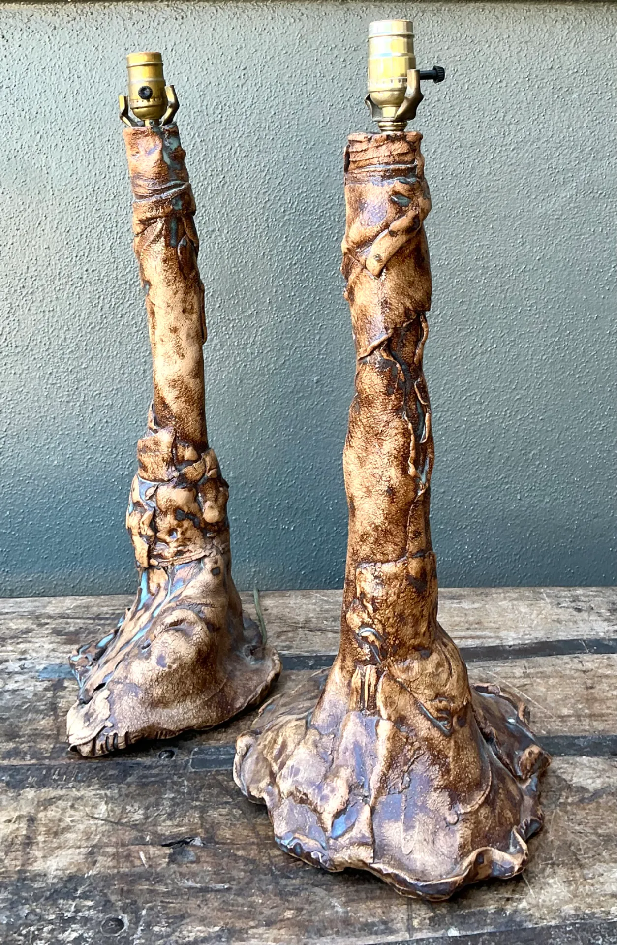 Vintage Hand Made Faux Bois Ceramic Lamps - A Pair — additional photo 1