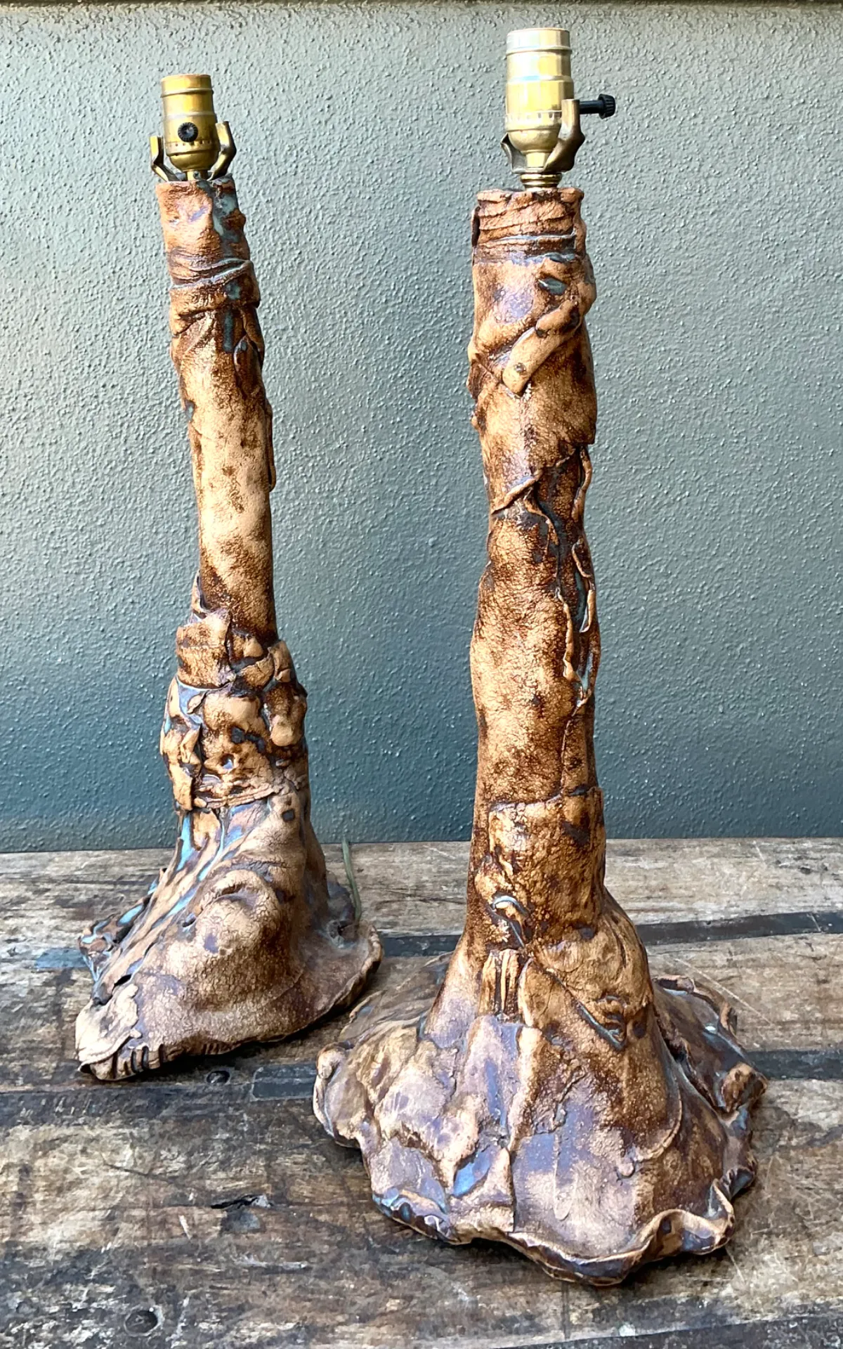 Vintage Hand Made Faux Bois Ceramic Lamps - A Pair